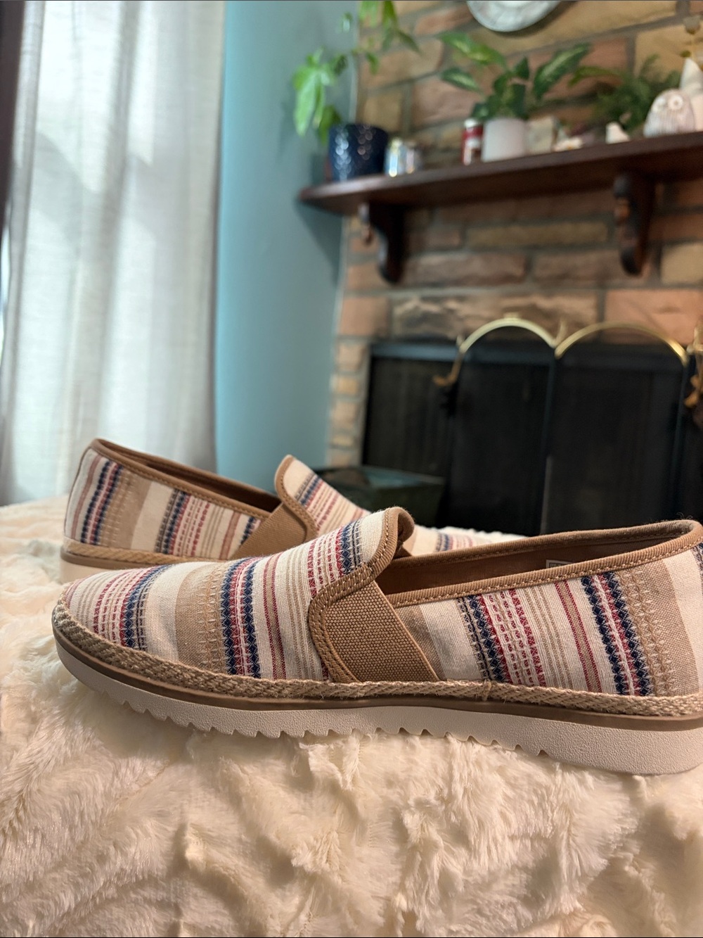 Skechers BOBS Slip-On Flats in Tan, Cream & Navy Stripe - Picture 2 of 6